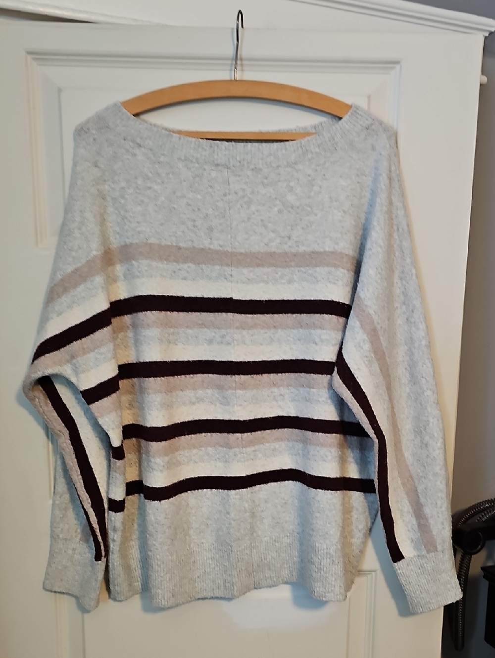 LOFT Light Gray Striped Boatneck Sweater with Beige and Dark Brown Bands
